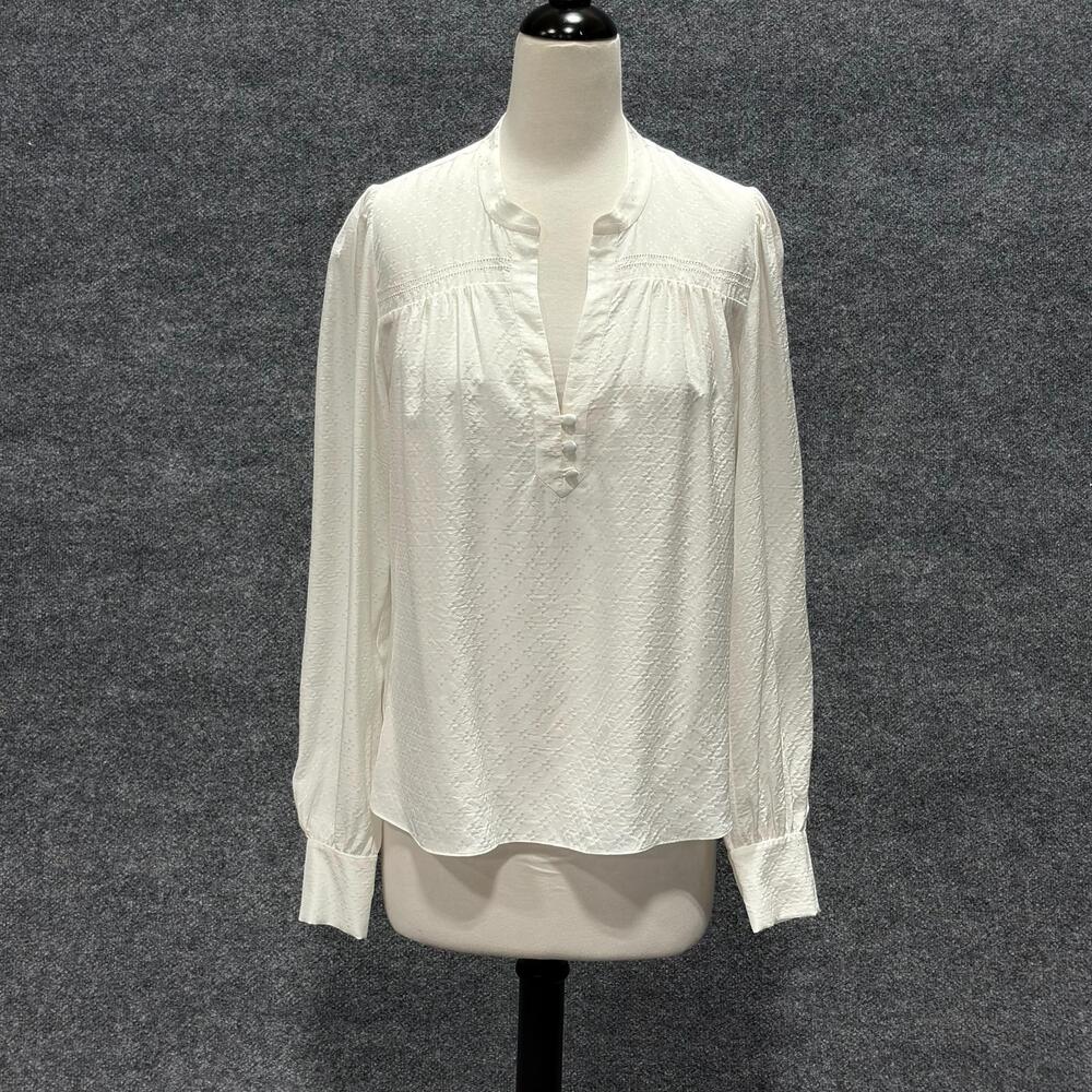Veronica Beard Blouse Womens 8 White Silk Polka Dot Henley Long Sleeve Tunic Top